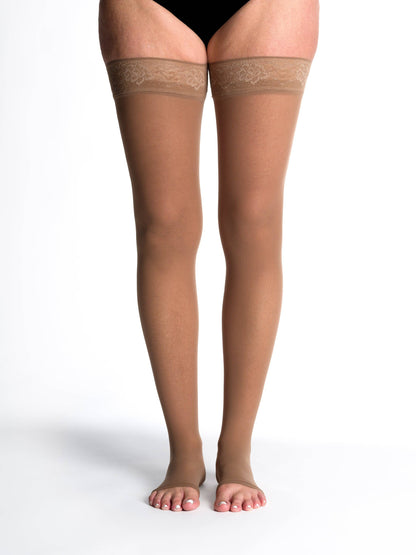 Cafe knee-high socks with navy tops on a white background