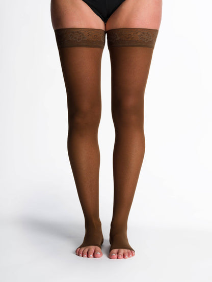 Mocha sheer stockings with lace top on a white background