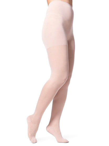 White tights worn by a person on a white background