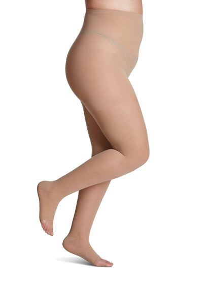 Honey sheer stockings worn by a model on a white background