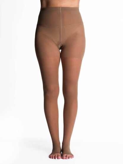 Cafe sheer stockings worn by a model on a white background