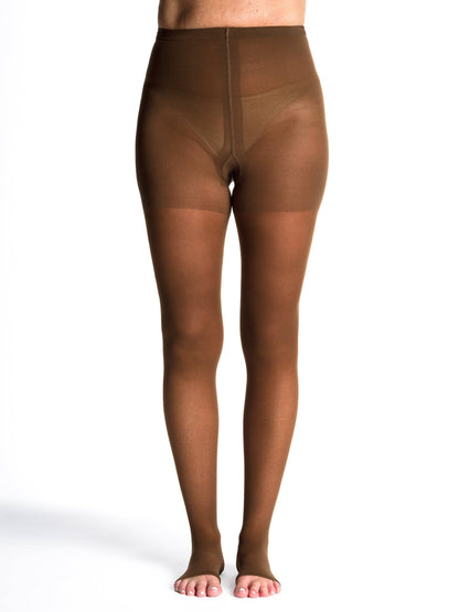 Mocha sheer stockings worn by a model on a white background