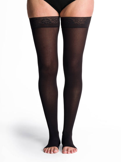 Black sheer stockings with lace top on a white background