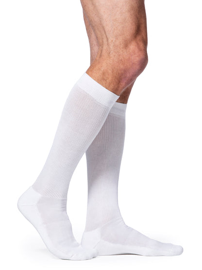 White knee-high socks worn by a person on a white background