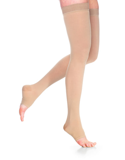 Beige compression stockings being worn on a white background