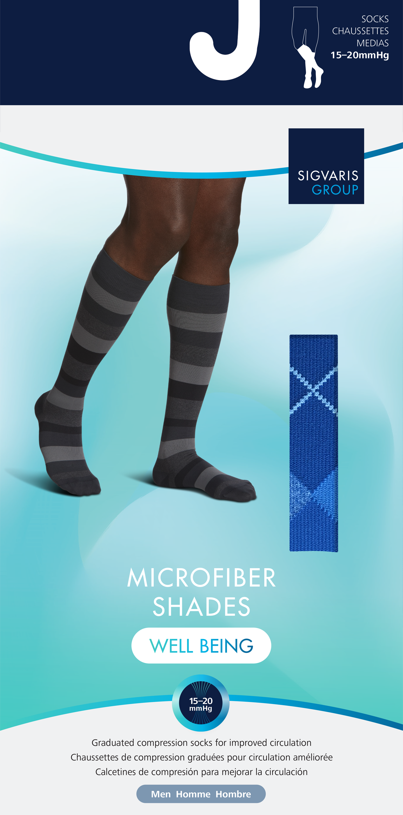 Sigvaris Group microfiber shades compression socks on a blue and white background