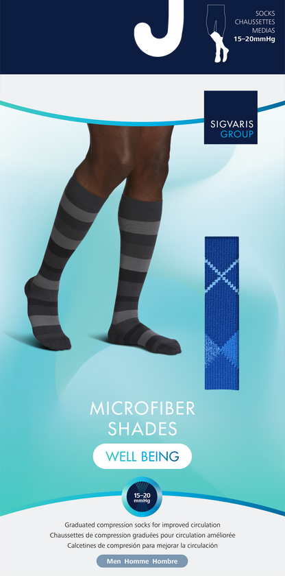 Sigvaris Group microfiber shades compression socks on a blue and white background