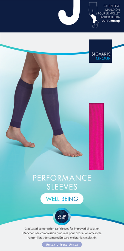 Sigvaris calf sleeves with branding on a light blue background