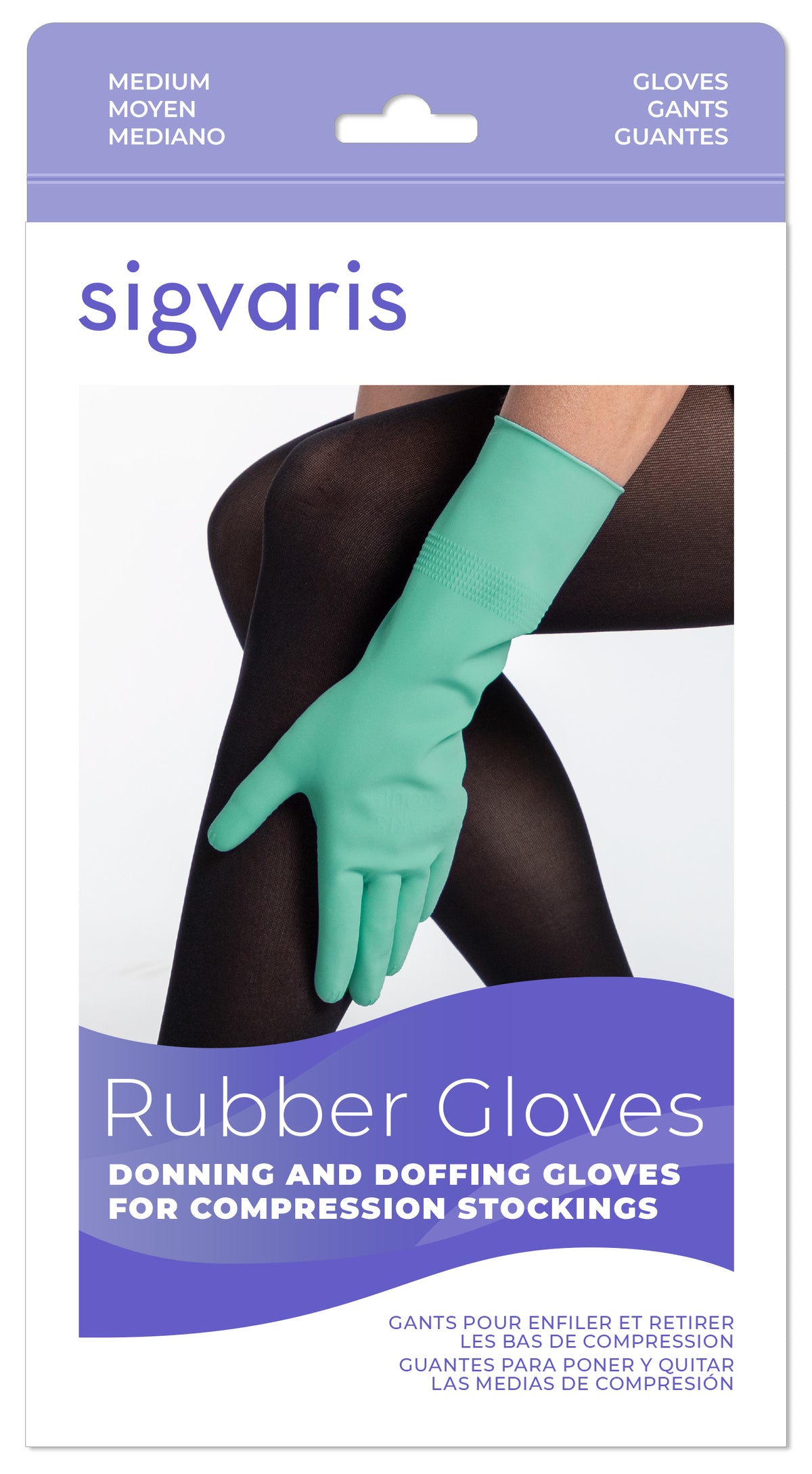 Sigvaris rubber gloves packaging with a green glove on a white background