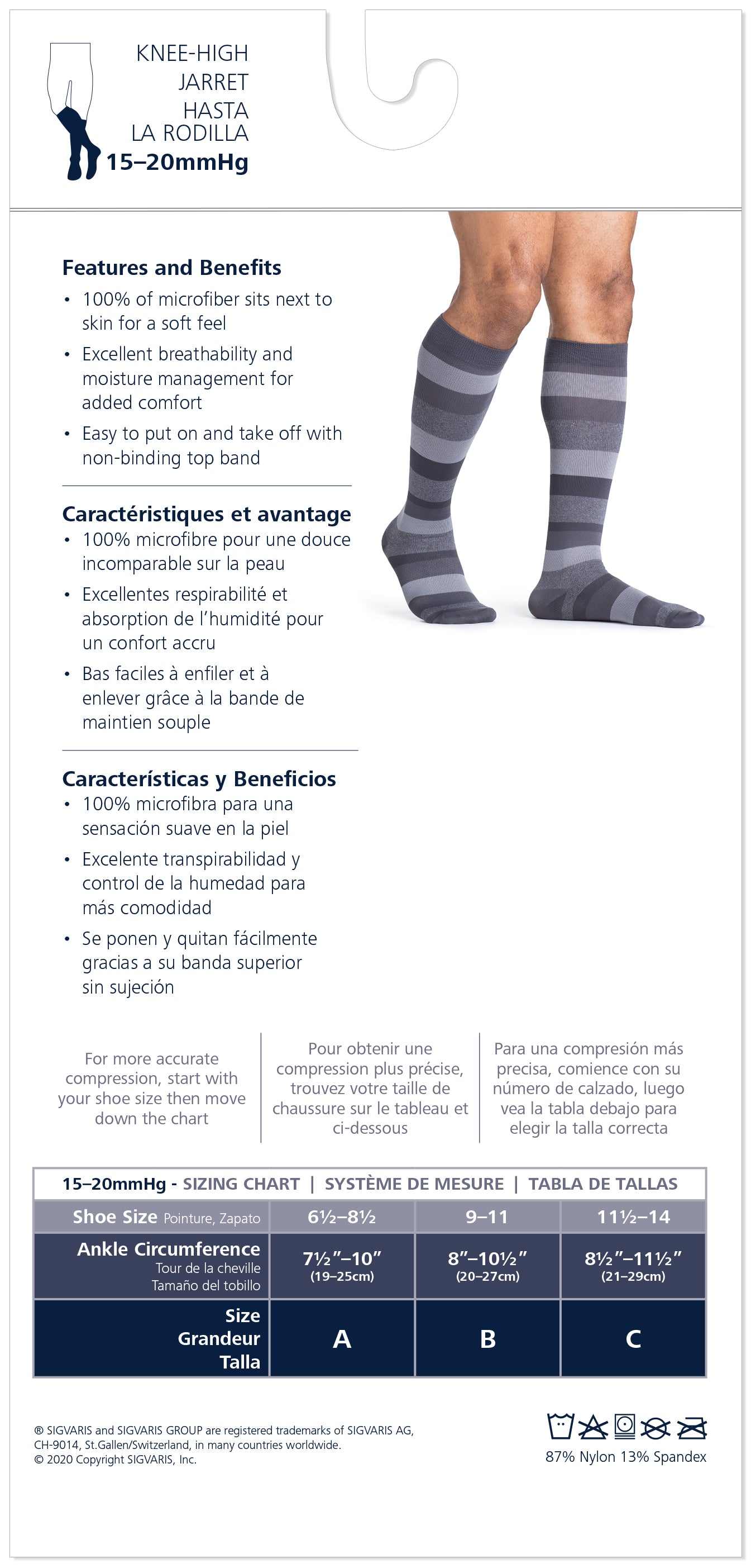 Knee-high sock packaging with product details and size chart on a white background