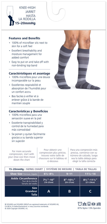 Knee-high sock packaging with product details and size chart on a white background