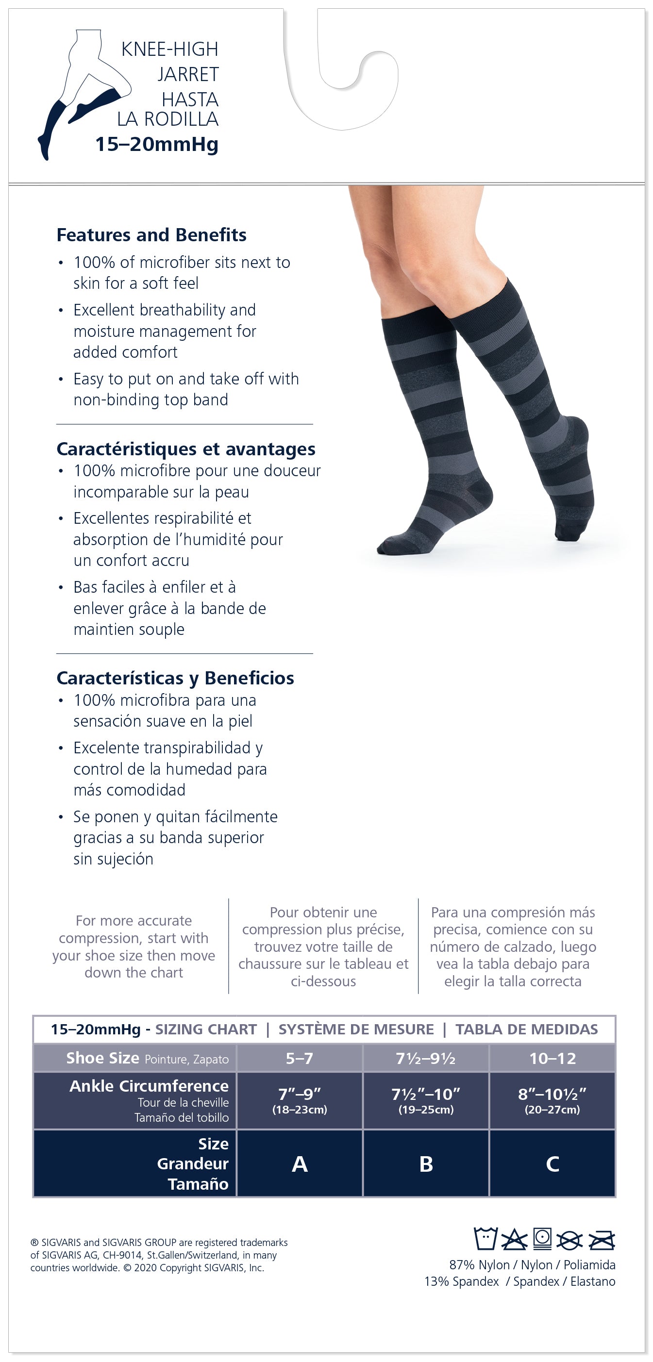 Knee-high socks with text detailing features and sizing chart on a white background