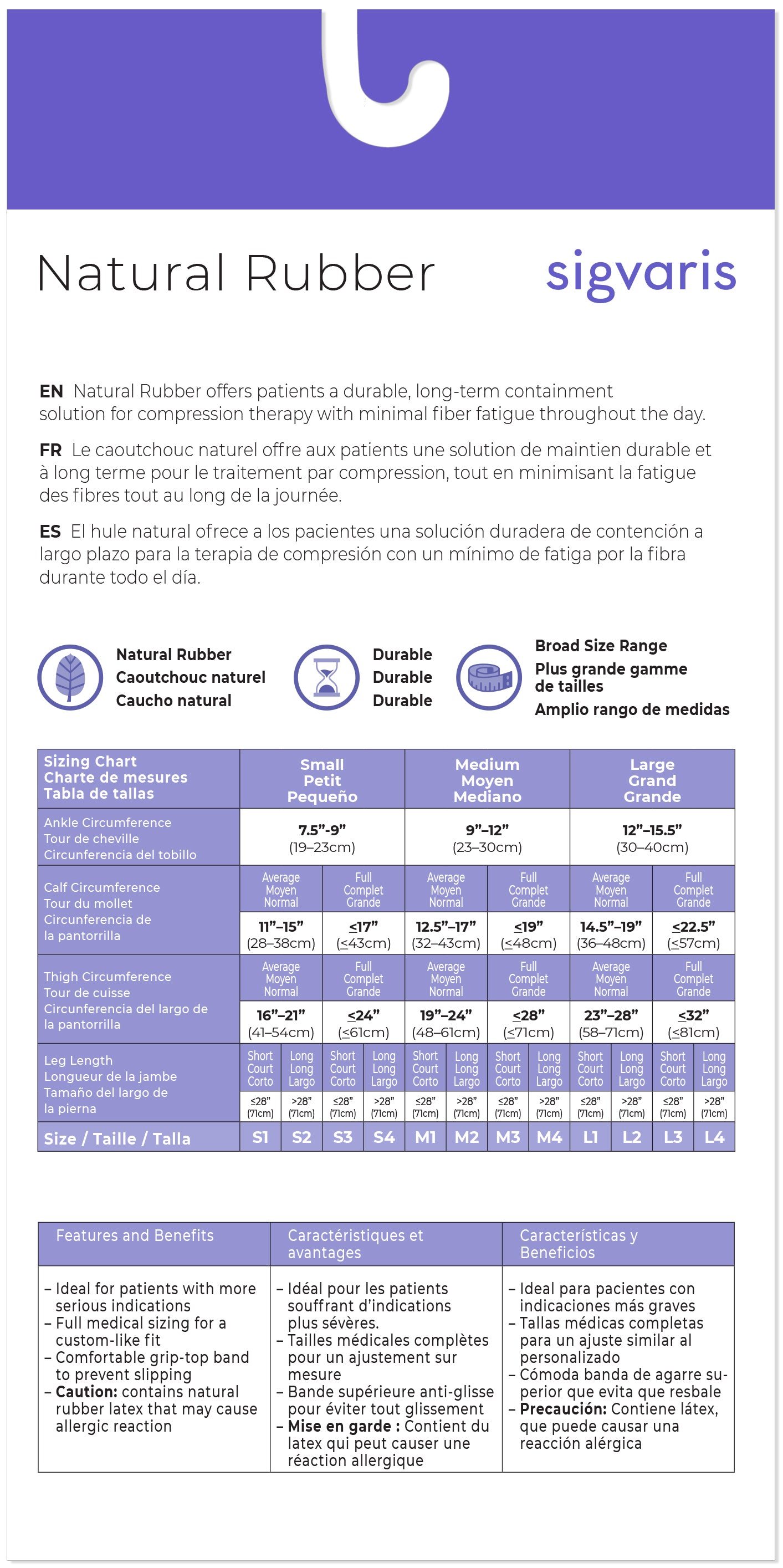 Sigvaris Natural Rubber compression stocking size chart with product details.