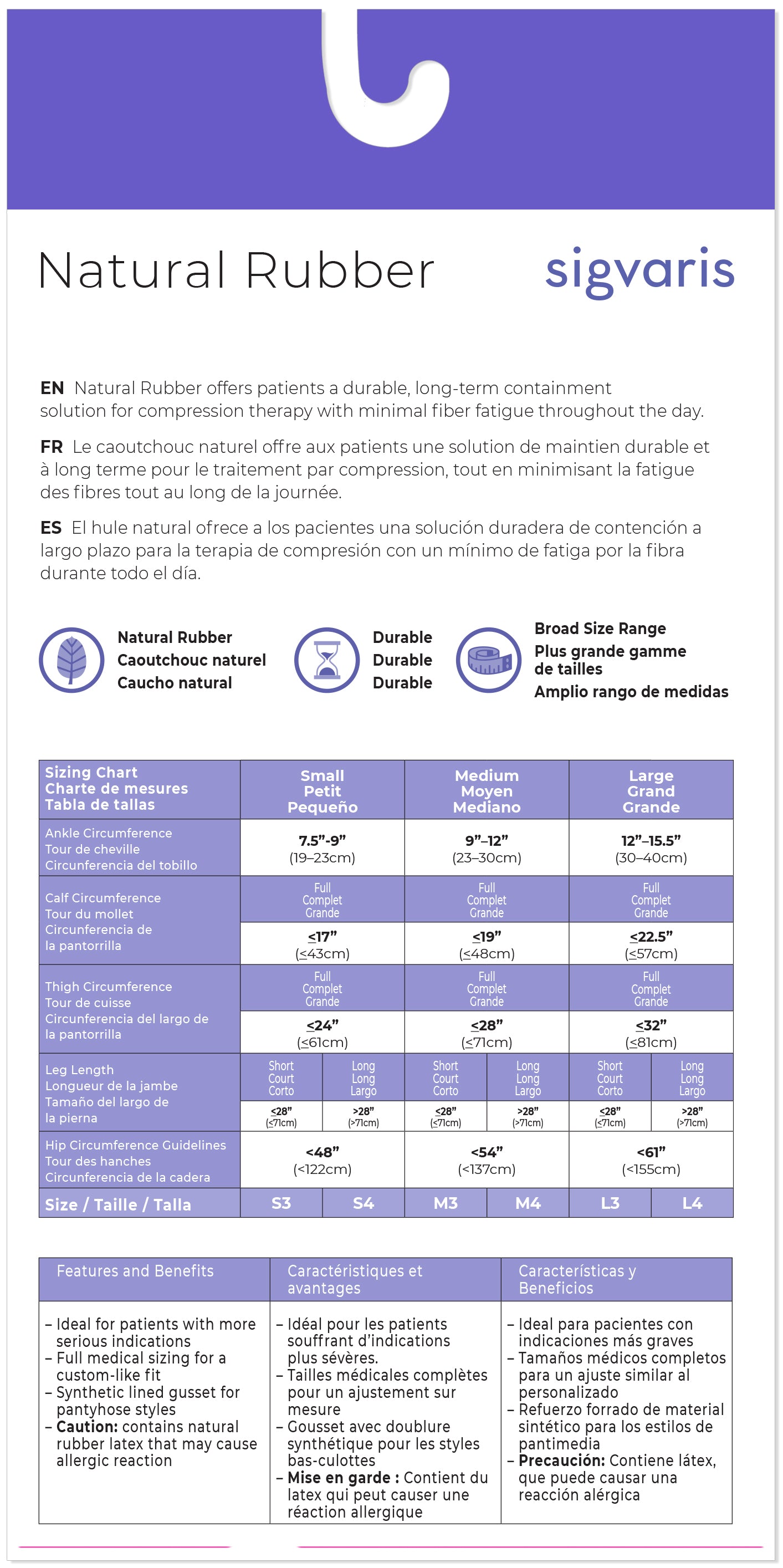 Sigvaris Natural Rubber compression stocking size chart with product details.