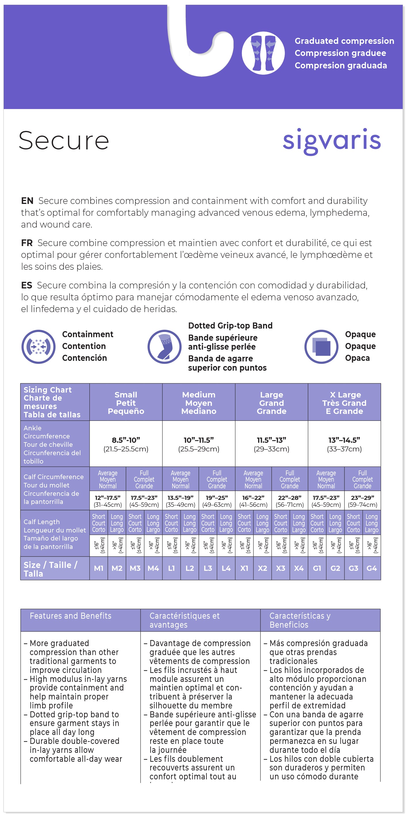 Sigvaris compression garment size chart with brand logo