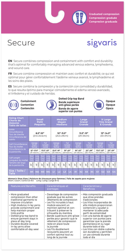 Product label for sigvaris compression stockings with specifications and features.