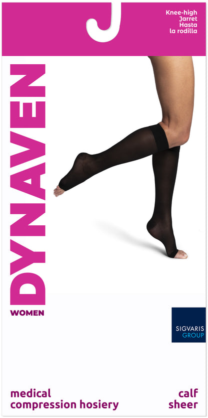 Dynaven knee-high compression hosiery packaging with a person wearing the hosiery.
