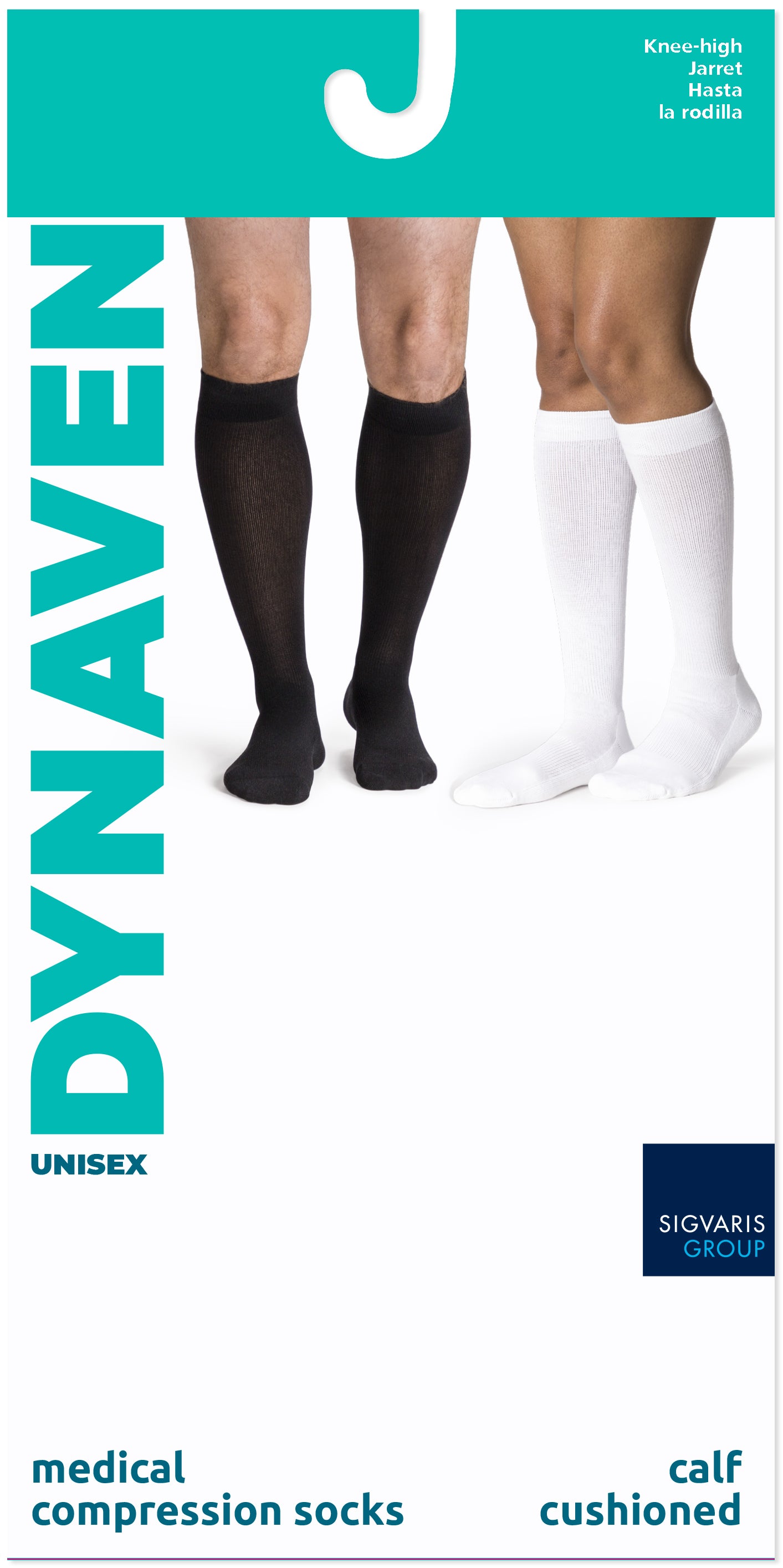 Two pairs of socks, one black and one white, displayed on a Dynaven branded package.