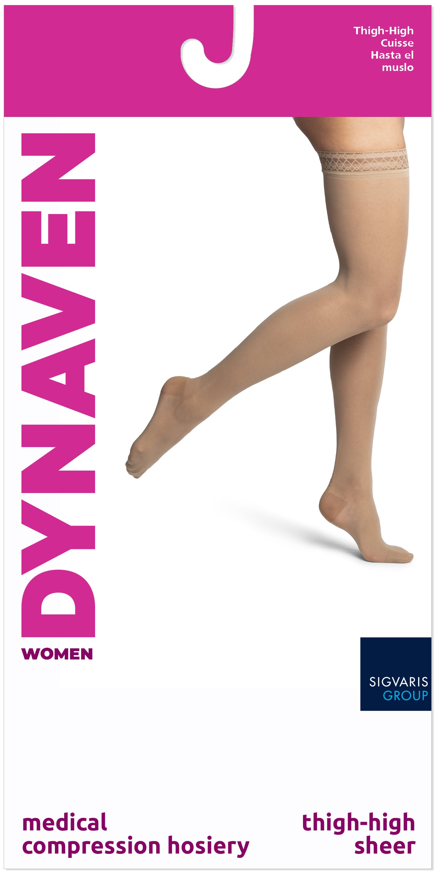 Dynaven women's medical compression hosiery packaging with a model wearing the stockings.
