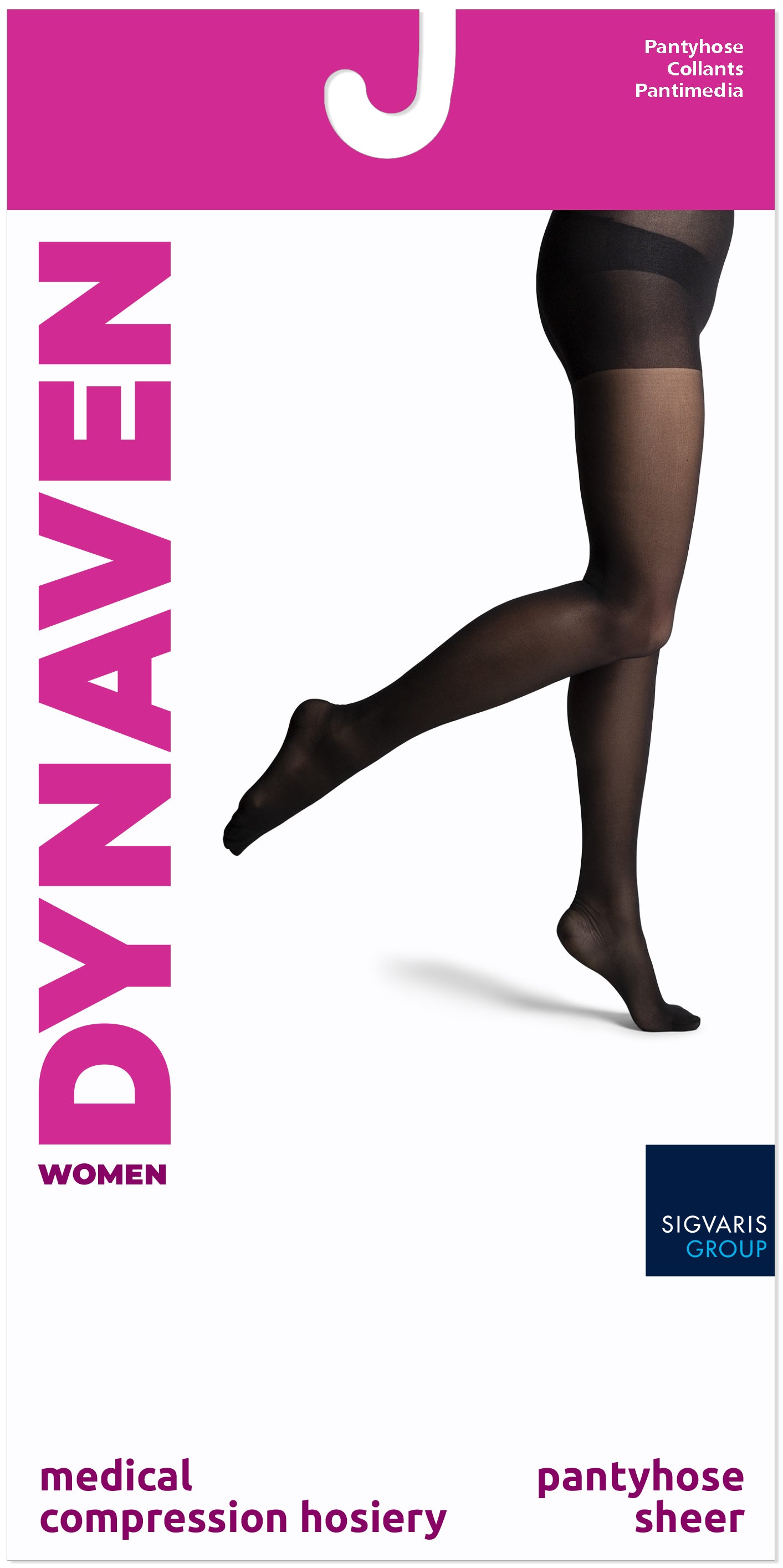 Dynaven women's medical compression hosiery packaging with a leg model wearing stockings.