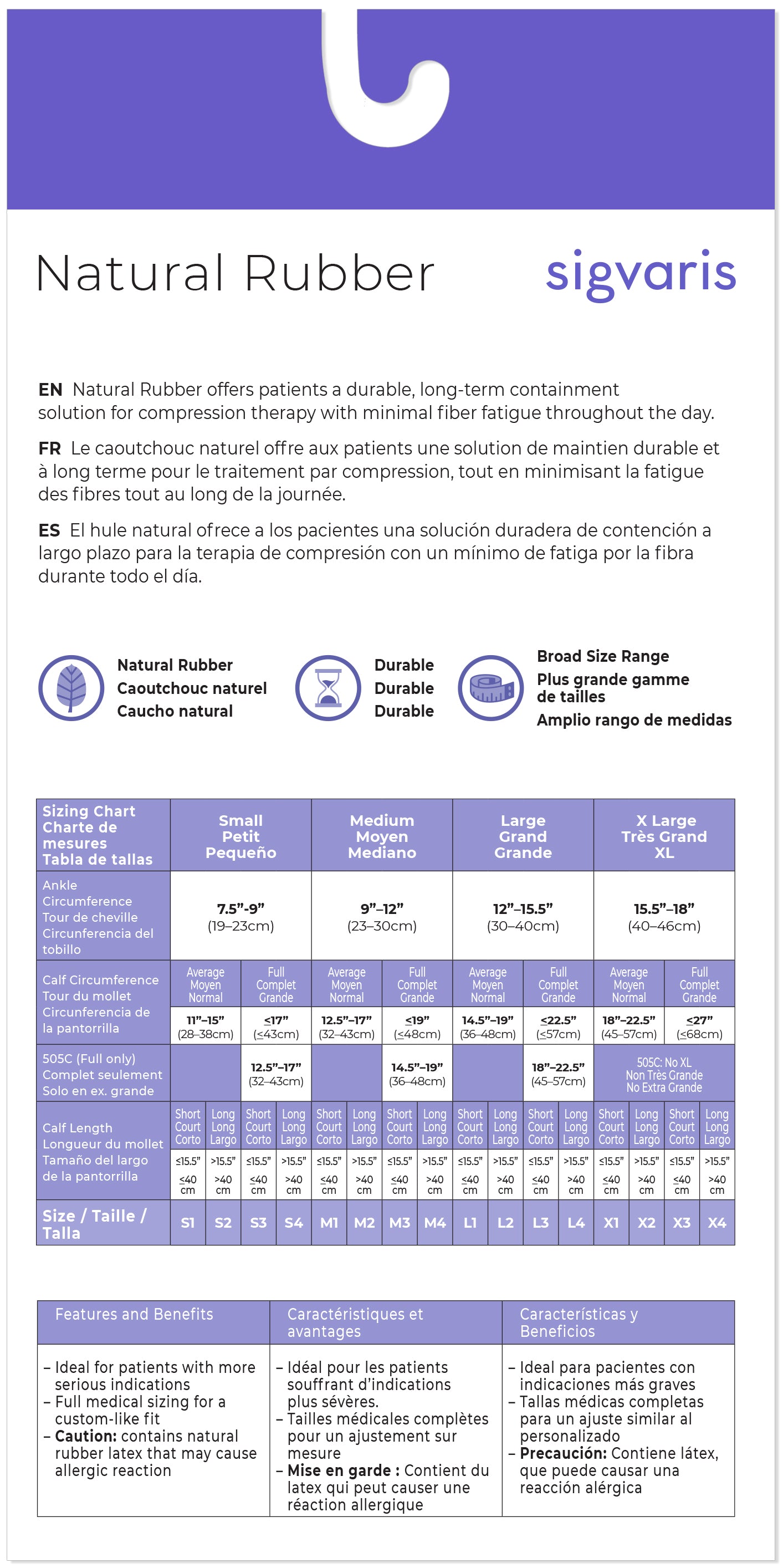 Sigvaris Natural Rubber stocking size chart with product details and benefits.