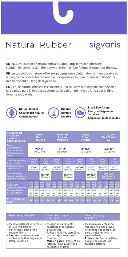 Sigvaris Natural Rubber stocking size chart with product details and benefits.