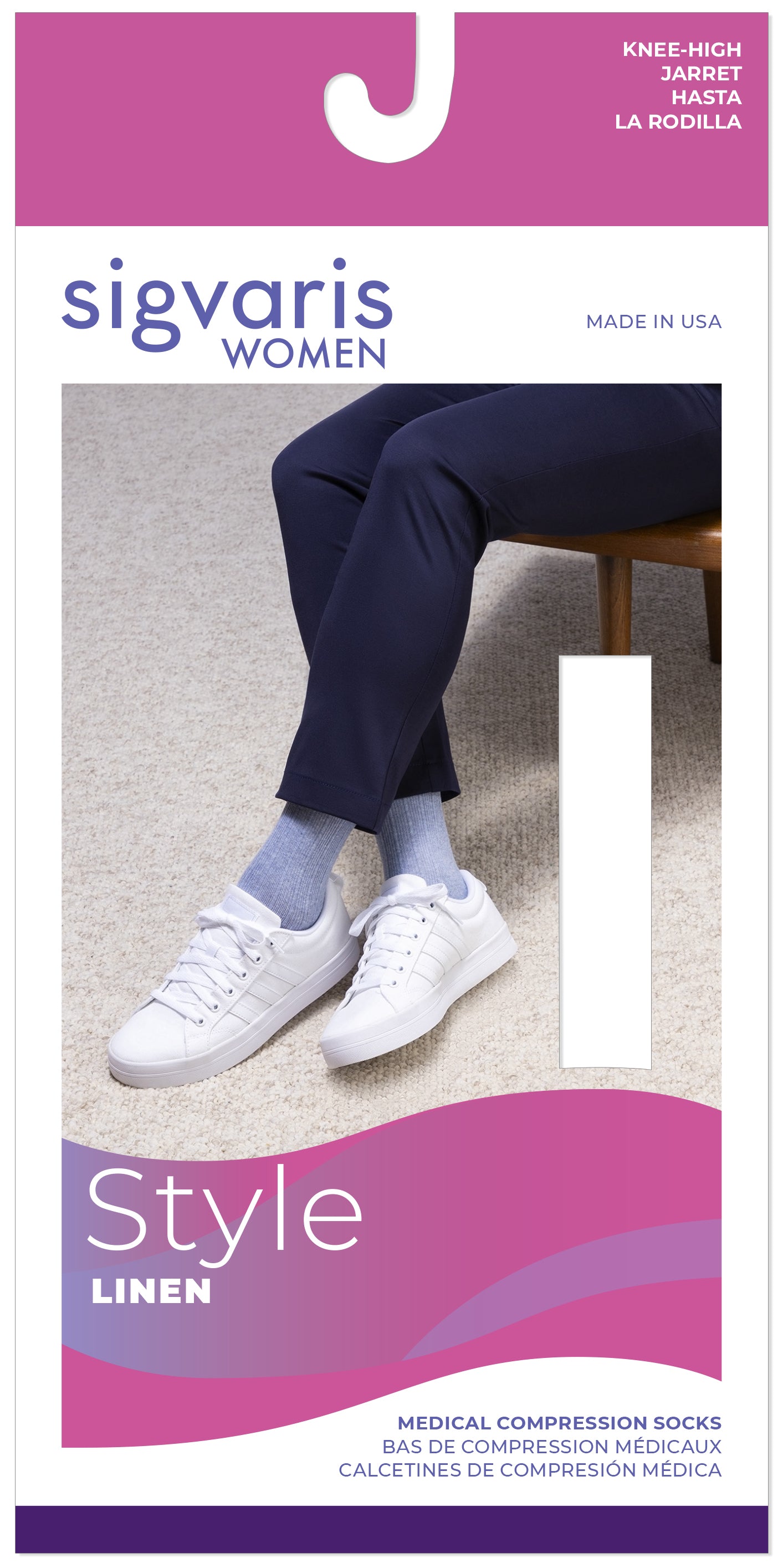 Sigvaris women's compression socks packaging with a person wearing the socks.
