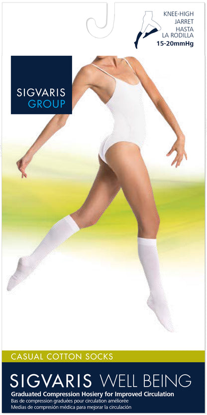 Sigvaris compression hosiery packaging with a model wearing white socks and stockings
