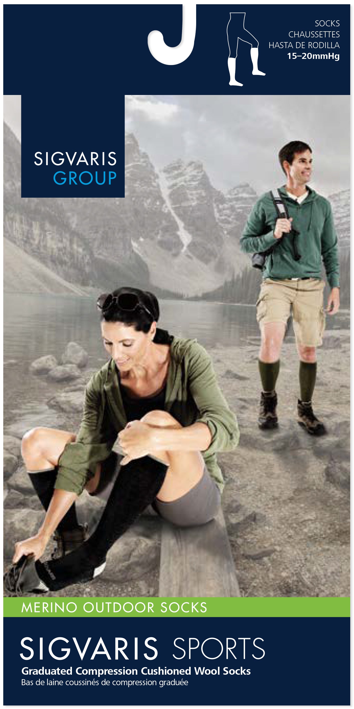 Sigvaris Merino Outdoor Socks packaging with a man and woman hiking in the background.
