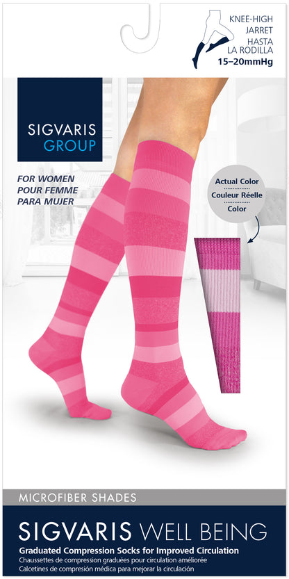 Pink striped compression socks with packaging from Sigvaris Group on a white background