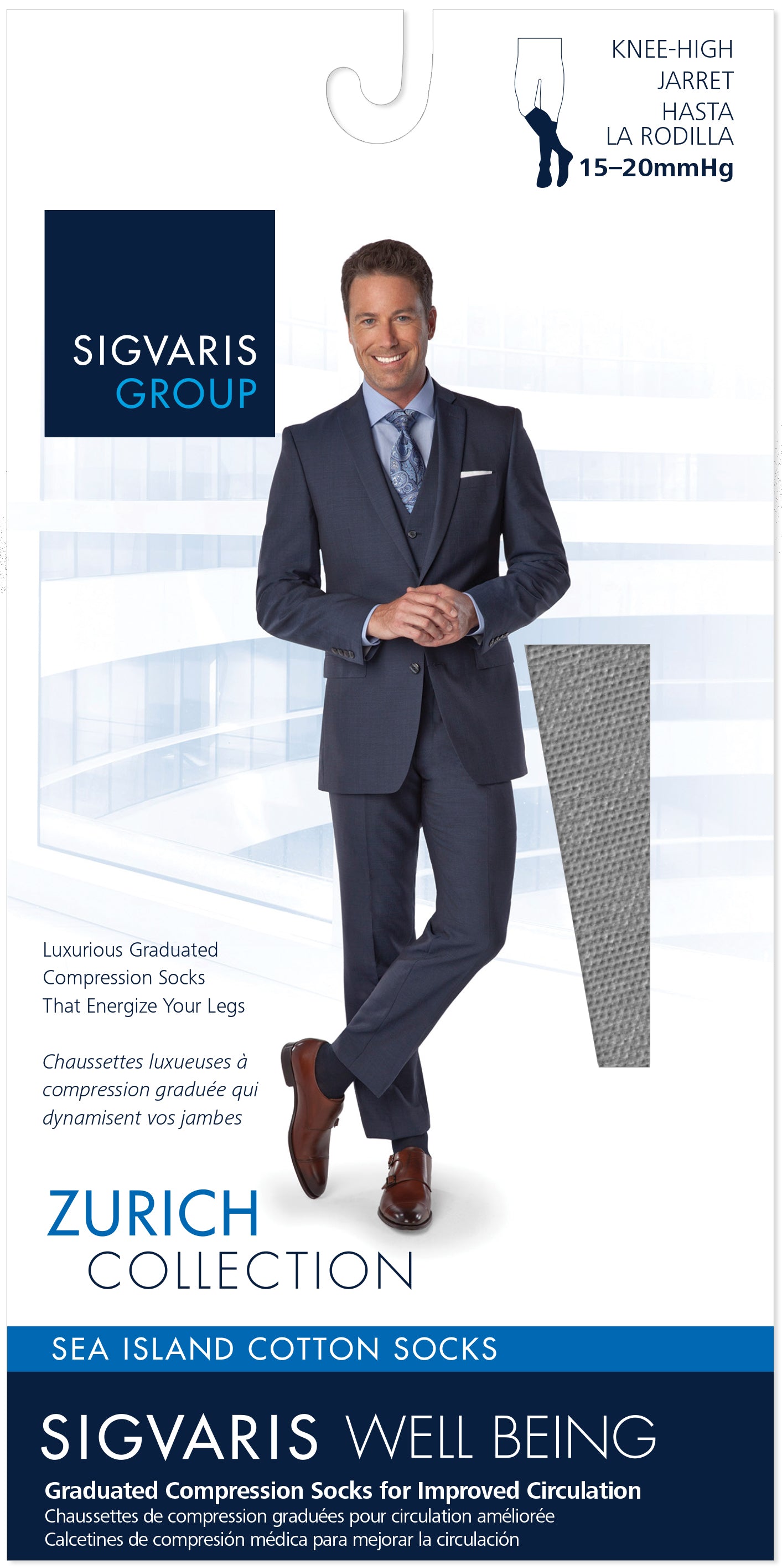Sigvaris Group advertisement for Zurich Collection socks featuring a man in a suit.