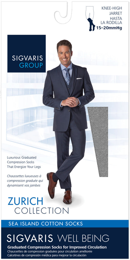 Sigvaris Group advertisement for Zurich Collection socks featuring a man in a suit.