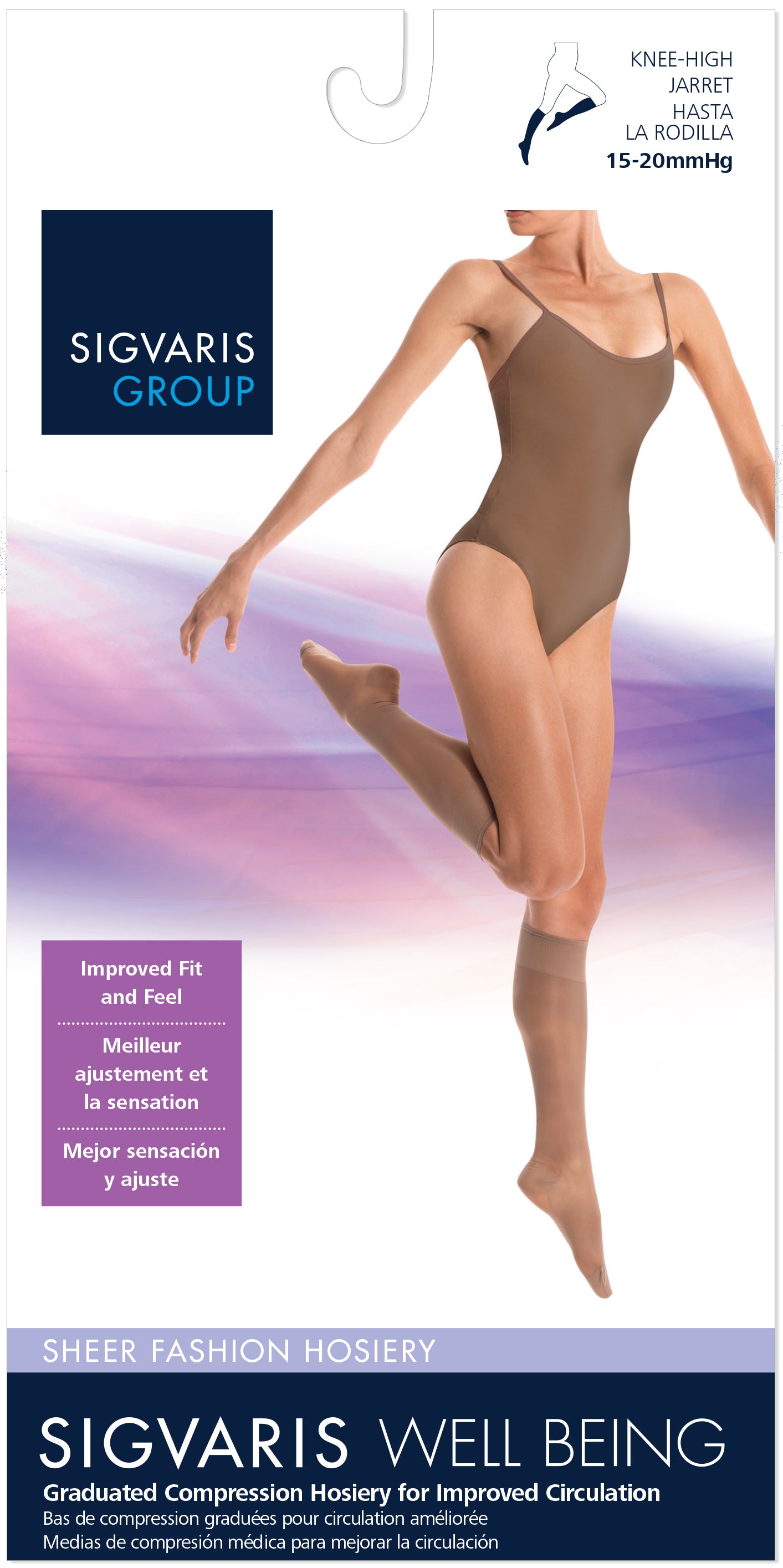 Sigvaris compression hosiery packaging with a model wearing the product.