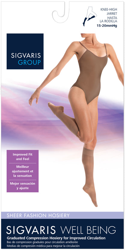 Sigvaris compression hosiery packaging with a model wearing the product.