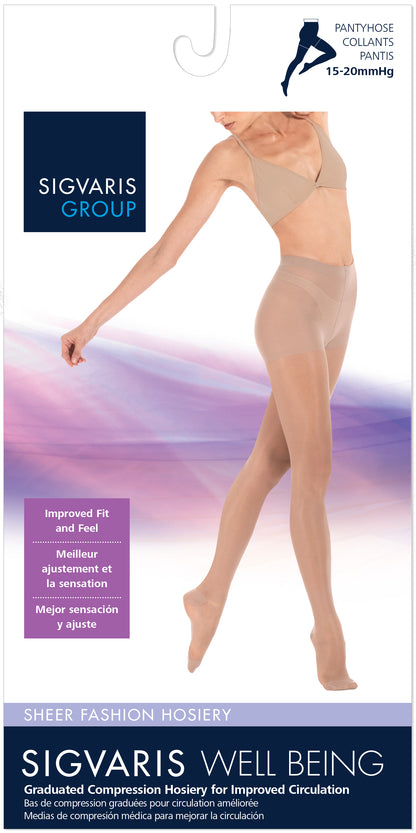 Sigvaris compression hosiery packaging with a model wearing the product.