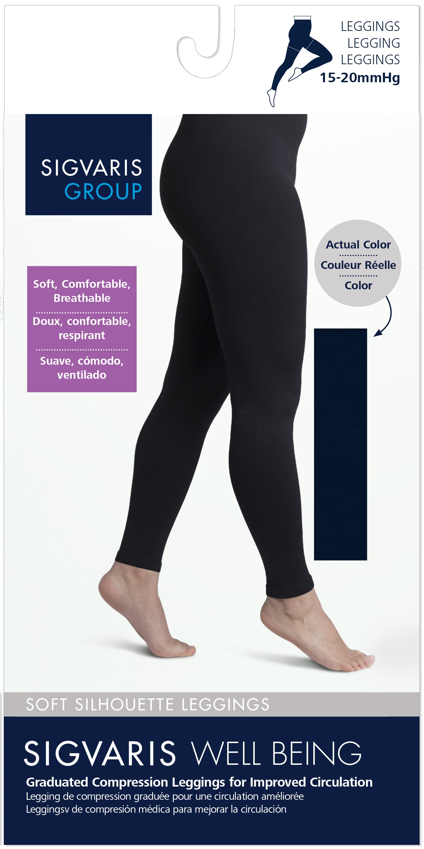 Sigvaris compression legging packaging with a model wearing the legging.
