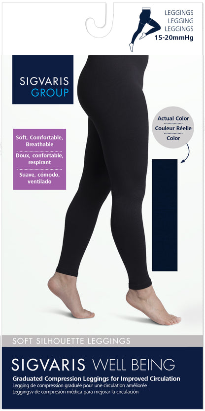 Sigvaris compression legging packaging with a model wearing the legging.