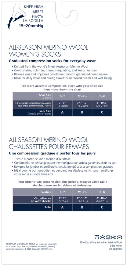 All-season merino wool women's socks packaging with size chart and text.