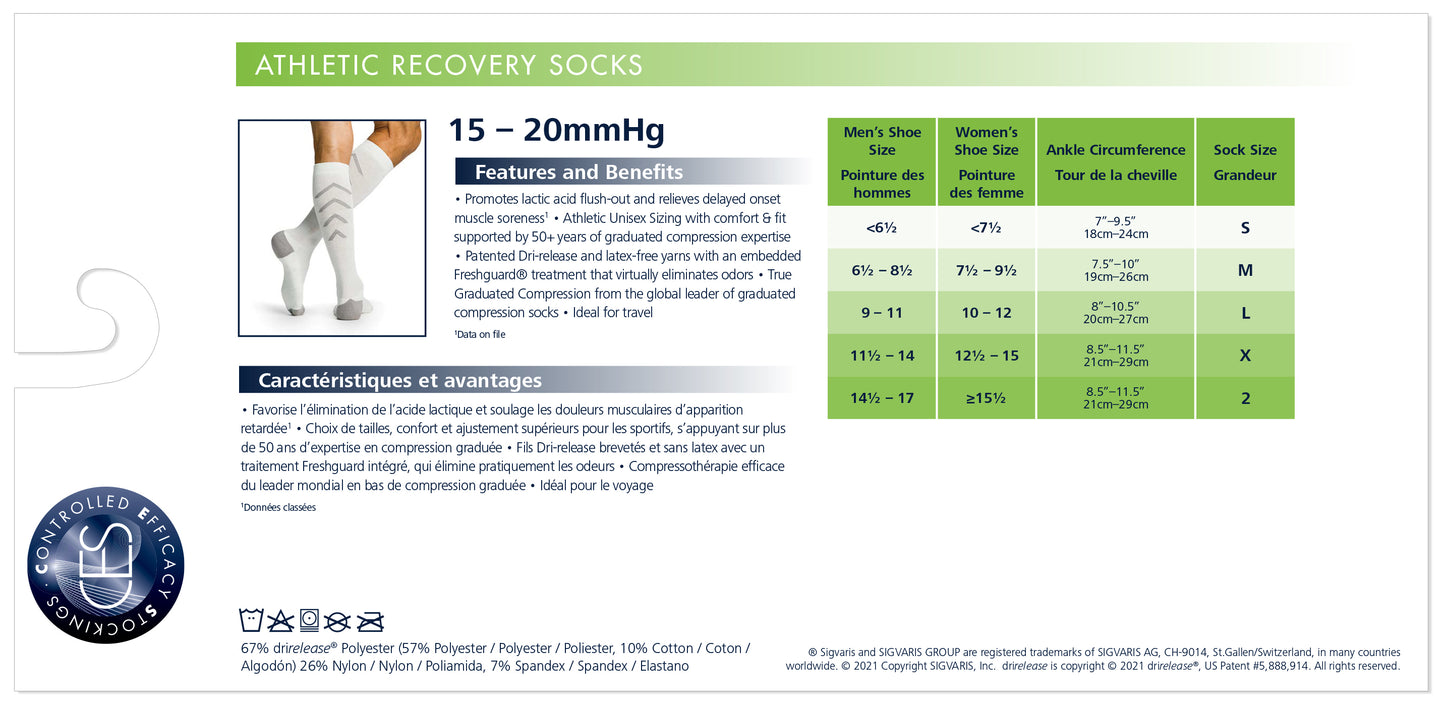 Athletic recovery socks packaging with size chart and features.