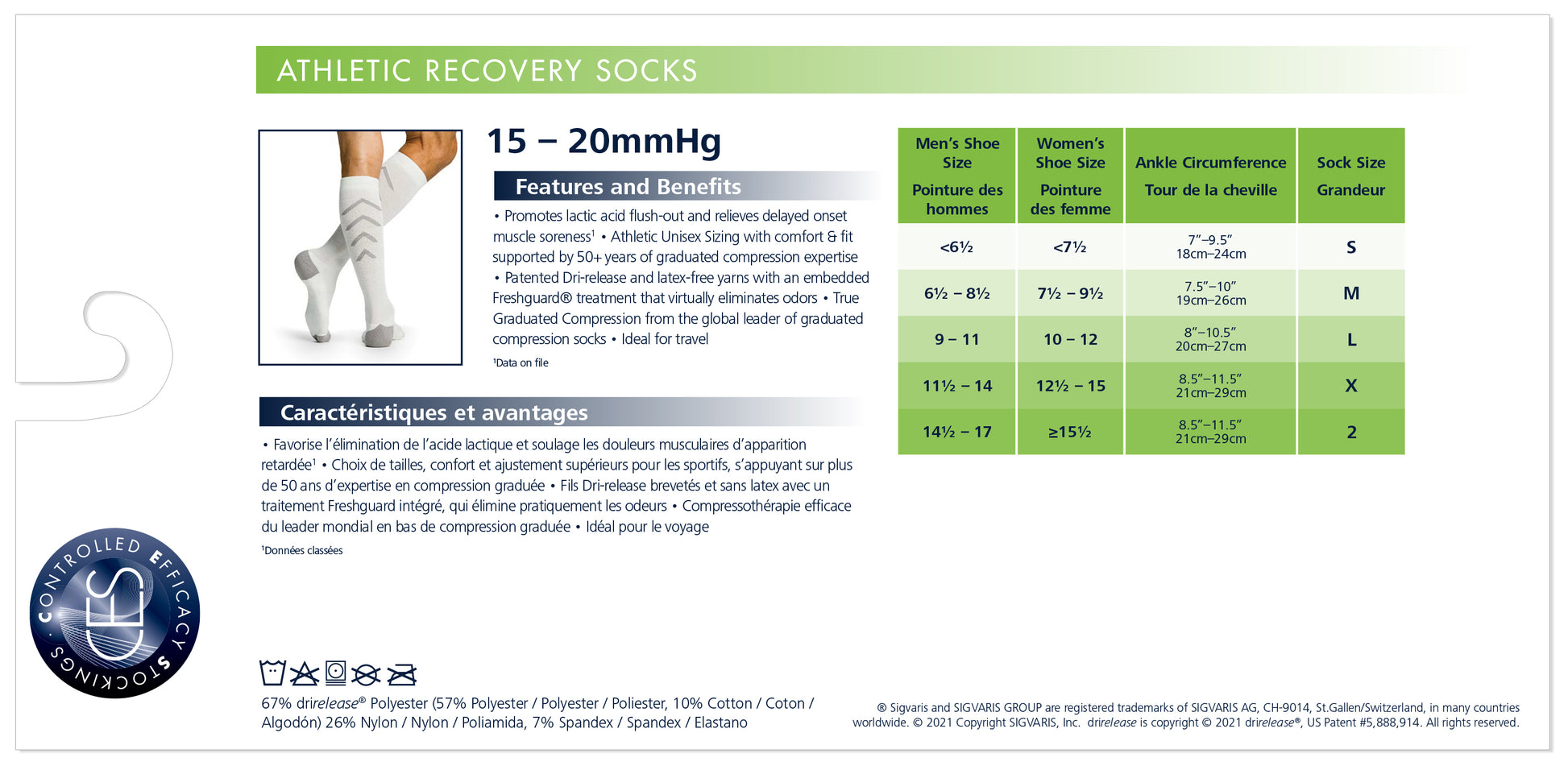 Athletic recovery socks packaging with size chart and features.