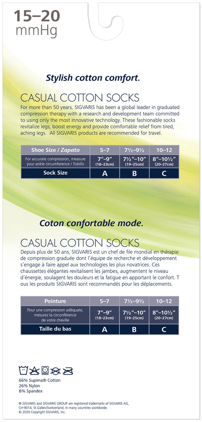 Package of casual cotton socks with size chart and brand information.
