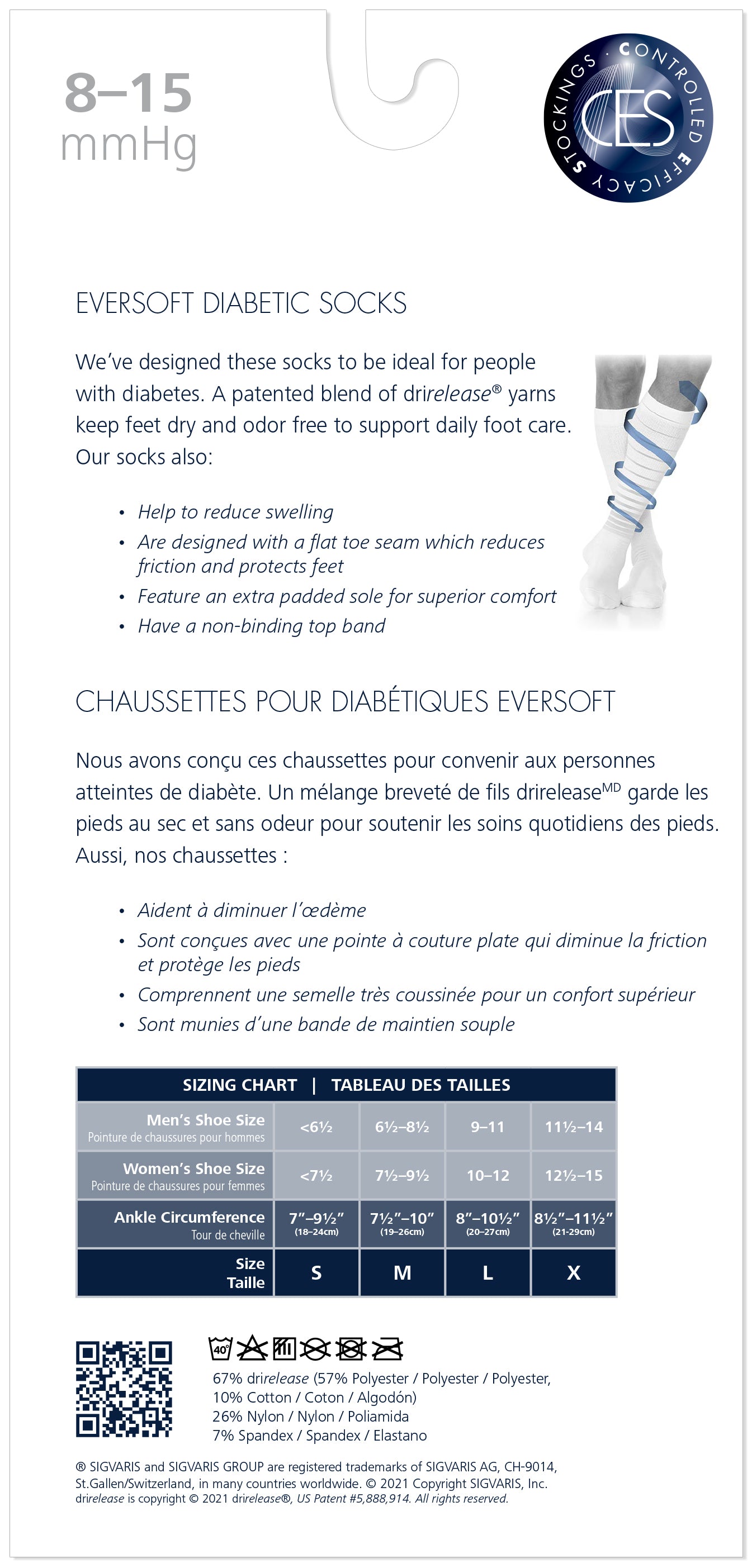 Eversoft diabetic socks packaging with size chart and QR code on a white background