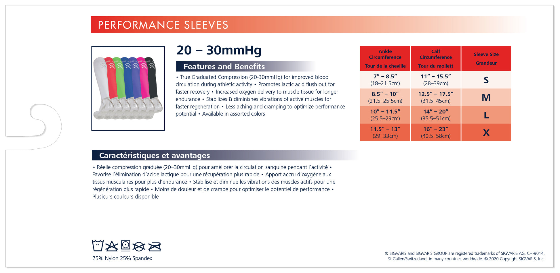 Performance sleeves packaging with size chart and features on a white background