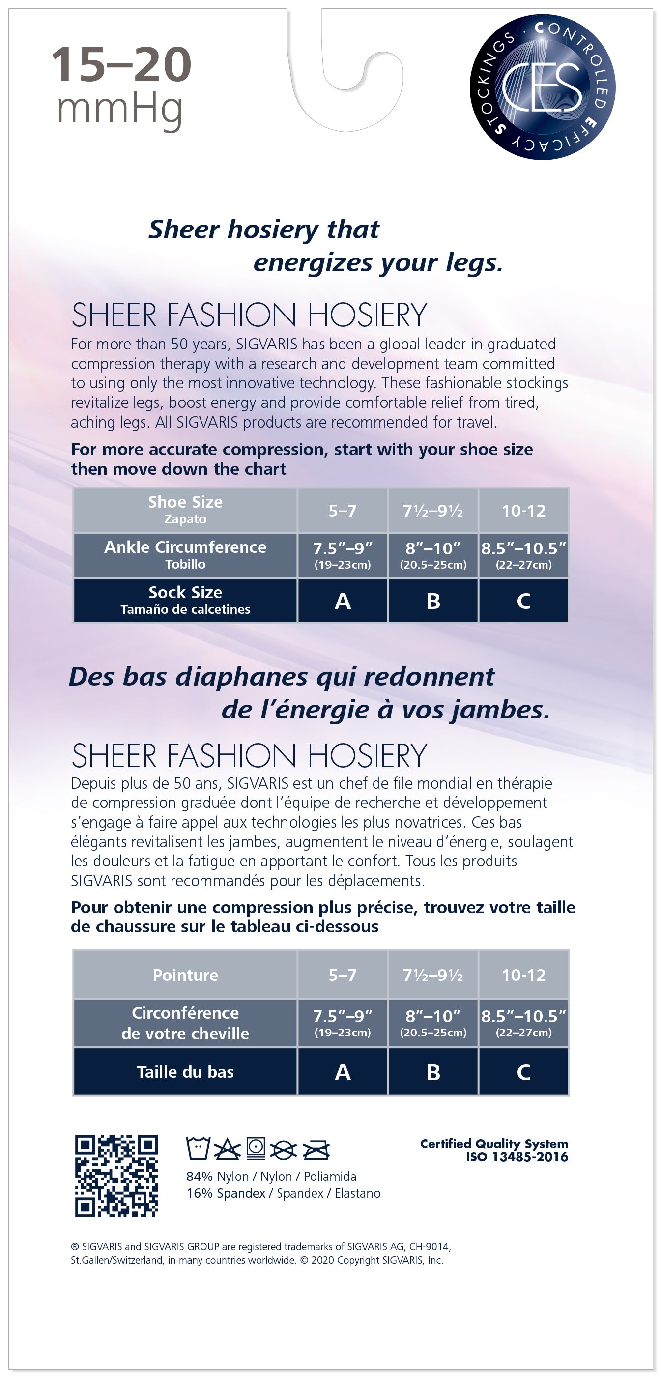 Sheer hosiery size chart with measurement guide and certification logo on a white background