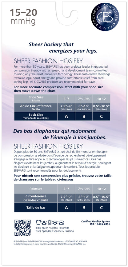 Sheer hosiery size chart with measurement guide and certification logo on a white background
