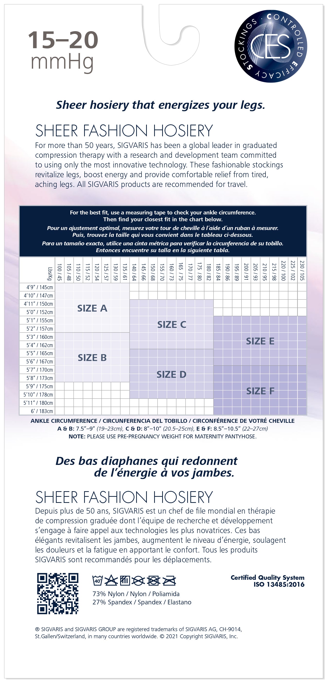 Hosiery size chart with compression gradient information on a white background