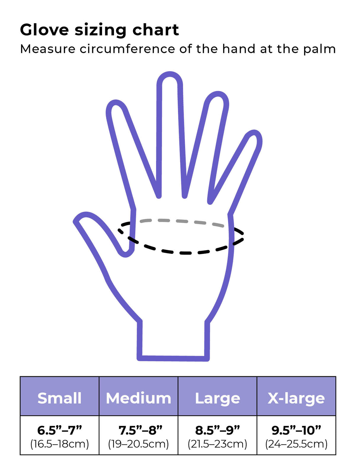 Glove sizing chart with hand outline and measurement guide