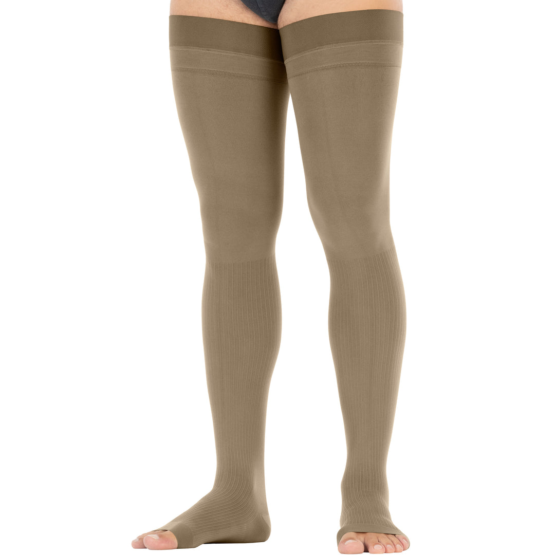 Khaki knee-high socks worn by a person from Compressionsale on a white background