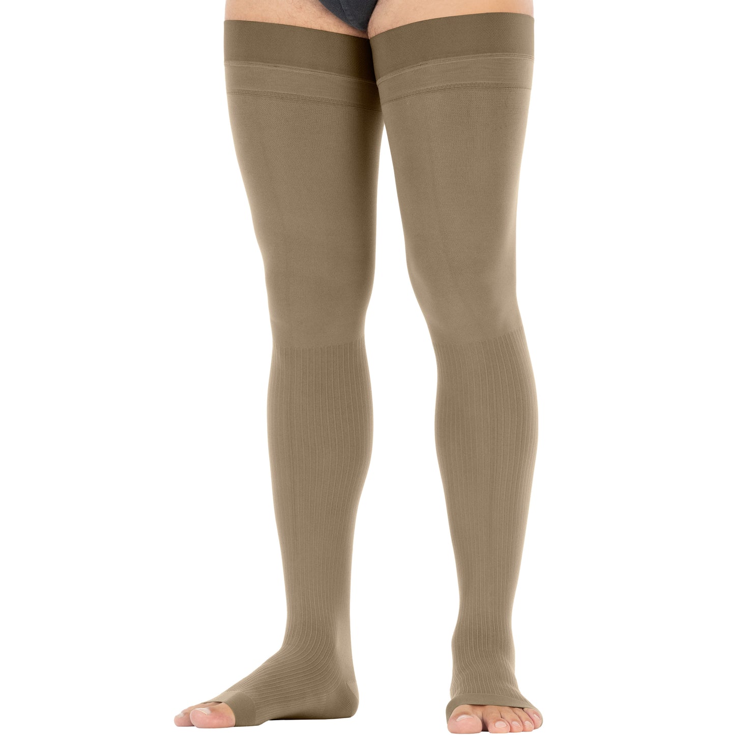 Khaki knee-high socks worn by a person from Compressionsale on a white background