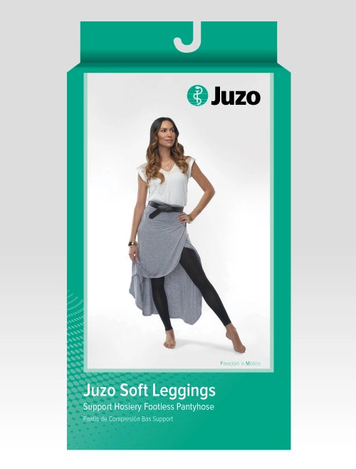 Juzo Soft Leggings retail packaging and model wearing the product on a white background – Compressionsale